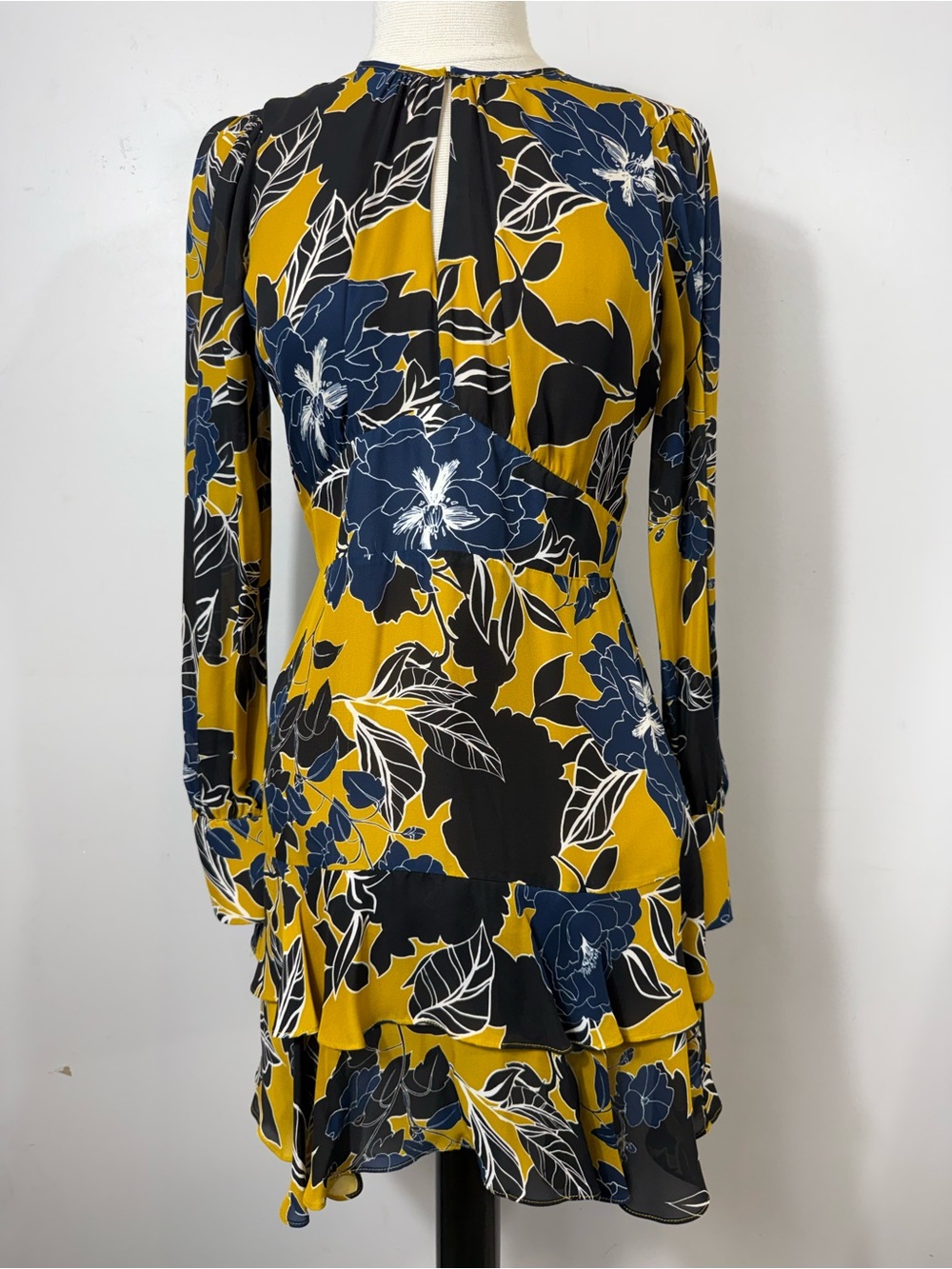 Parker Silk Blend Mustard Floral Long Sleeve Ruffle Mini Dress US 2
